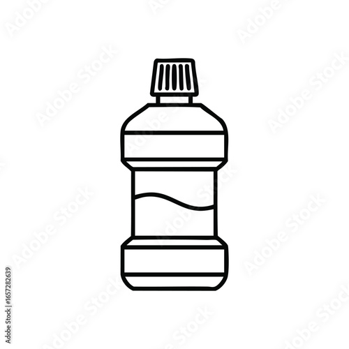 Oral Rinse Bottle White Icon. A minimalist black and white pictogram illustrates a dental rinse dispenser. This visual conveys themes of oral hygiene, freshness, and cleanliness.