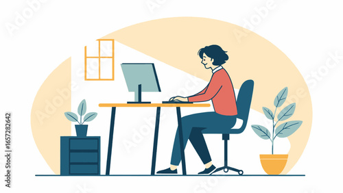 Person diligently working on a computer at a comfortable home office desk, illustrating remote work, learning, or online business.