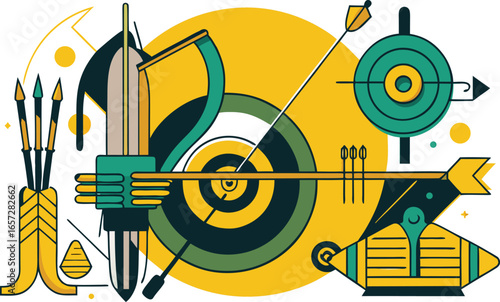 Dynamic archery illustration with bow arrows and targets capturing precision and focus for success