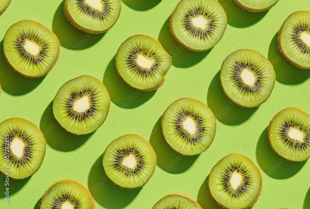Fototapeta premium Close-up of numerous sliced kiwi fruits arranged in a pattern on a vibrant green background