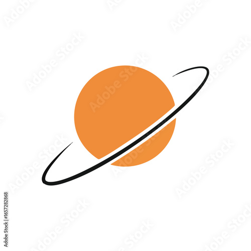 Stylized Orange Ringed Planet. A clean, modern graphic representation of a celestial orb with an encircling band against a dark backdrop. Symbolizes space, discovery, and the universe's mystery.