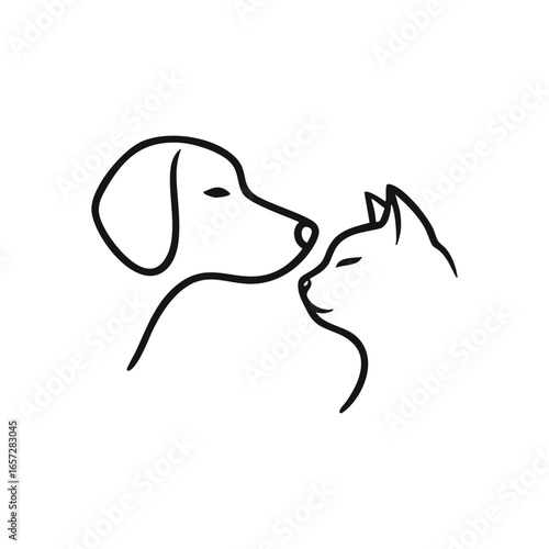 Pet Companionship Line Art. This elegant illustration captures the tender connection between a dog and a cat, symbolizing harmony, mutual affection, and animal welfare.