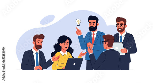 Team of diverse professionals collaborating on a new business idea, fostering innovation and teamwork in a productive meeting setting.