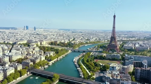 High-angle view of Paris cityscape, Seine River, and Eiffel Tower