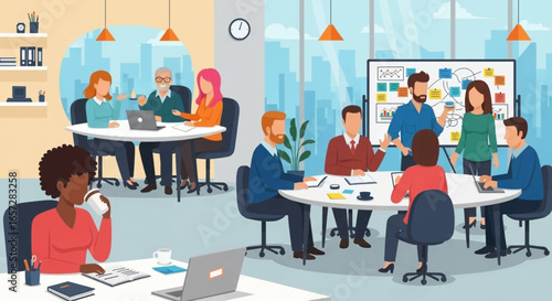 Diverse professionals collaborate in a modern office, engaged in meetings and discussions. Represents teamwork, productivity, and strategic business planning.