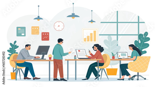 Team of diverse professionals collaborating in a modern office space, engaged in productive work and discussion. Ideal for business and corporate themes.