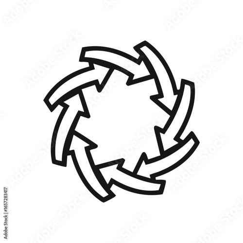 Circular Flow Arrows Icon. Dynamic white arrow arrangement on black background conveying perpetual motion and interconnected processes. Represents progress, recycling, and seamless transitions.