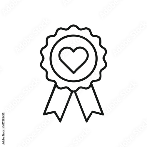 Heart Love Award Badge Icon. Minimalist emblem with a heart in a circular seal and attached ribbons. It conveys concepts like passion, premium quality, or preferred choice.
