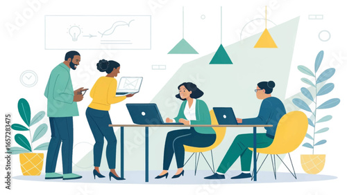 Diverse business team collaborating in a modern office. Professionals discussing ideas and working on laptops, showcasing teamwork, innovation, and productivity in a corporate setting.