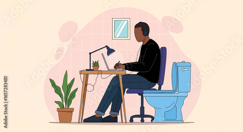 Person working remotely on a laptop at a desk in an unconventional bathroom setting, symbolizing the challenges and flexibility of modern work-from-home life.