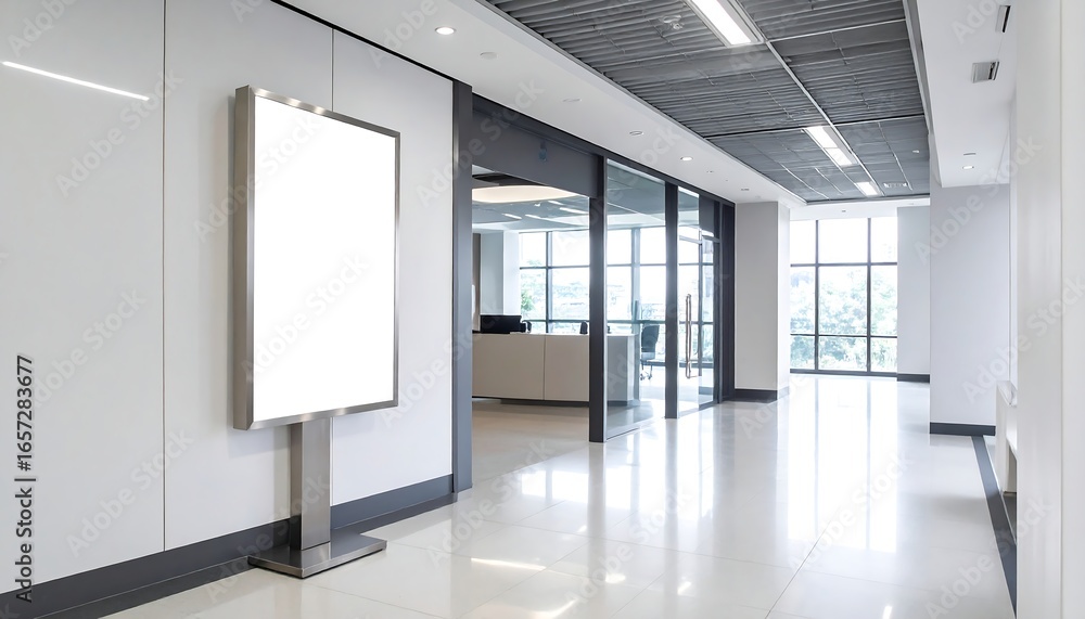 Fototapeta premium Blank billboard stands in modern office hallway near glass doors and windows, creating a bright and professional atmosphere for advertising and announcements.