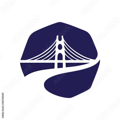 Iconic Bridge Gateway. Stylized depiction of a grand span in deep blue. This graphic symbolizes connection, progress, and overcoming obstacles.