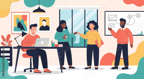 Diverse business team collaborating in a modern office workspace, fostering communication and productivity for corporate success.