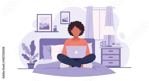 Person comfortably working from home on a laptop in a cozy bedroom setting, depicting remote work, online education, or modern digital lifestyle.