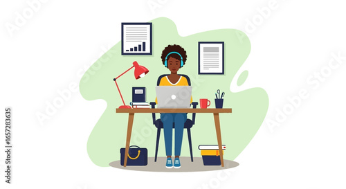 An African American woman works remotely on her laptop from a home office, wearing headphones for focus. Ideal for concepts of work-from-home, online education, or modern lifestyle.