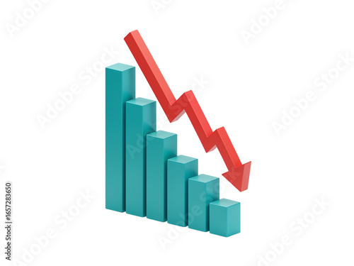 Free Download 3d teal bar graph showing a downward trend with a red arrow indicating financial decline isolated on transparent background - GFXLoad
