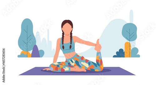 Woman in King Pigeon yoga pose on a mat, demonstrating flexibility and mindfulness. Represents health, fitness, and active lifestyle.