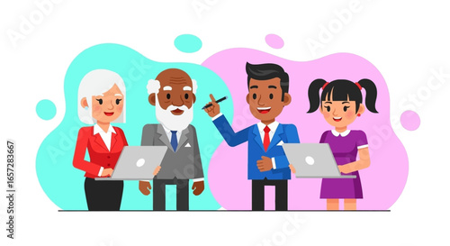 Diverse group of people of different ages collaborating with laptops, symbolizing modern learning, communication, and business technology.