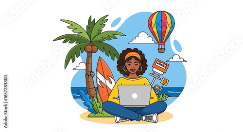 Woman working remotely on a laptop on a tropical beach, enjoying digital nomad lifestyle and travel freedom. Vacation work.