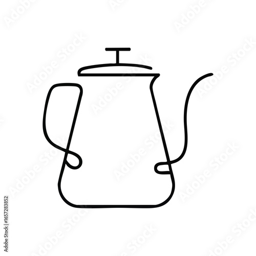 Pour Over Coffee Kettle Art Outline. Stylish gooseneck brewer silhouette against a dark background. This elegant image evokes the calm routine of preparing a warm beverage.
