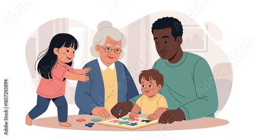Happy multi-generational family playing puzzle together at home, fostering learning, bonding, and intergenerational connection. Ideal for family, lifestyle, and education concepts.
