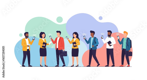 Diverse individuals connected via smartphones, symbolizing modern communication, networking, and digital lifestyle. Ideal for technology, business, and social media themes.