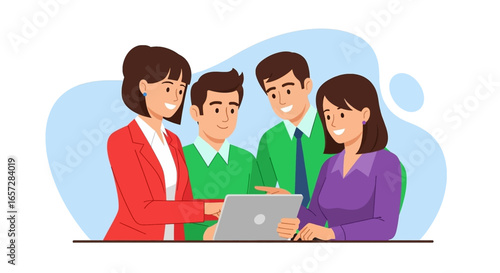 Diverse business team collaborating on a laptop, discussing new ideas. Professional meeting, teamwork, and innovation concept for modern workplace.