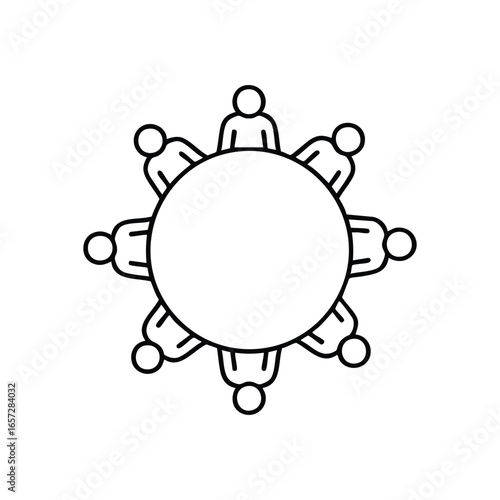 Round Table Meeting Icon. Stylized graphic depicting individuals convening at a circular desk, symbolizing global cooperation, collective ideas, and shared objectives.