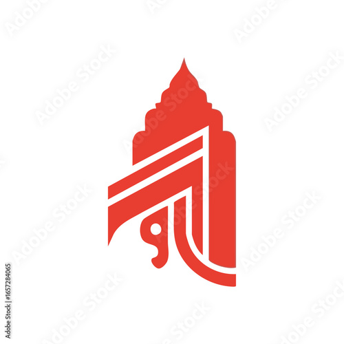 Modern Crimson Temple Signal Logo. Bold scarlet design fuses ancient architectural shapes with dynamic lines, conveying digital connection or spiritual elevation on a dark canvas.