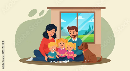 Happy family with three children and a pet dog bonding at home, enjoying quality time together. Ideal for concepts of home life, parenthood, and childhood joy.