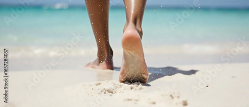 Fototapeta Naklejka Na Ścianę i Meble -  barefoot walking on maldives white sand beach | vacation, maldives, beach, travel, lifestyle theme