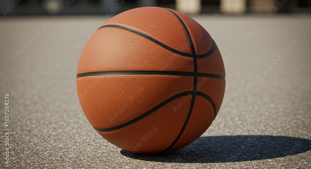 Fototapeta premium Dynamic basketball rests on asphalt court, ready for game play and athletic action
