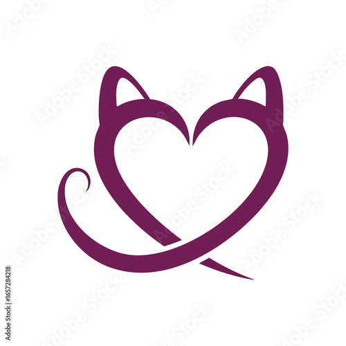 Elegant Pet Lover Heart Graphic. This unique plum-colored emblem features an adorable feline shape with ears and tail, representing devotion and deep adoration for animals.