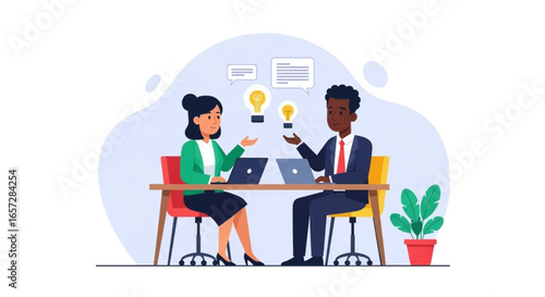 Diverse business professionals collaborate on laptops, sharing ideas and strategizing in an office setting. Ideal for themes of teamwork, innovation, and partnership.