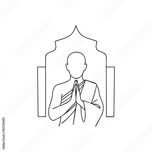 Buddhist Monk's Peaceful Hand Gesture. A minimalist black and white graphic of a spiritual figure performing a tranquil prayer pose. This emblem embodies respect and profound devotion.
