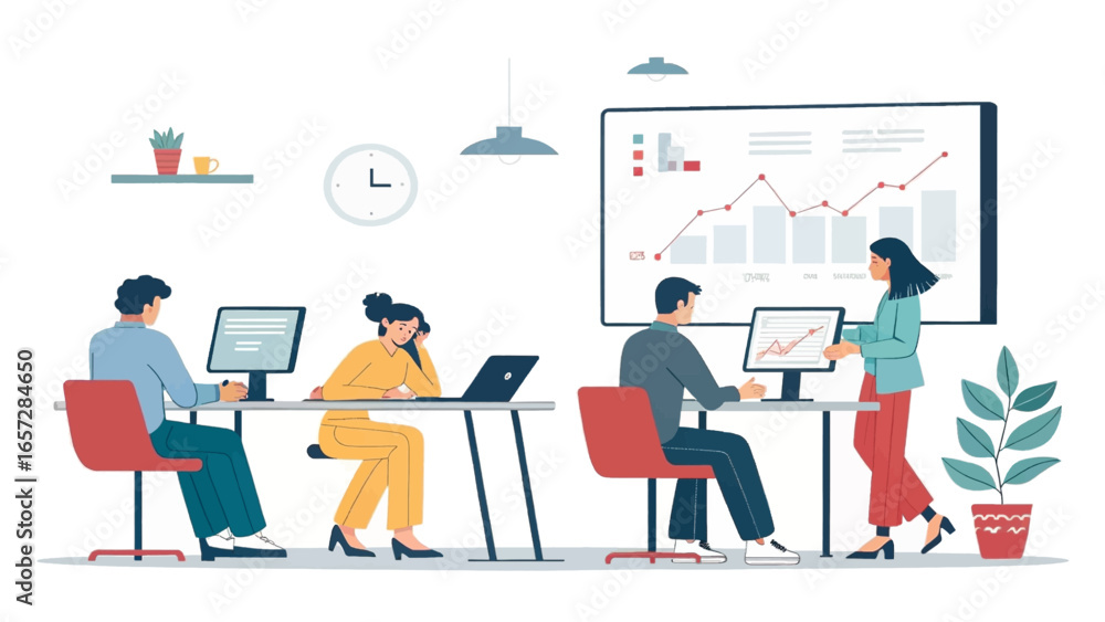 Naklejka premium Team of diverse professionals analyzing data and collaborating in a modern office, representing business growth and productivity.