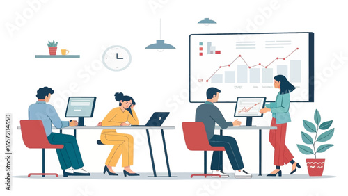 Team of diverse professionals analyzing data and collaborating in a modern office, representing business growth and productivity.