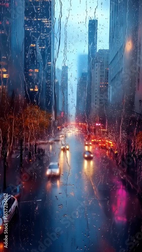 Rainstorm forecast visualization concept. Rain-soaked city street with cars and glowing lights at dusk