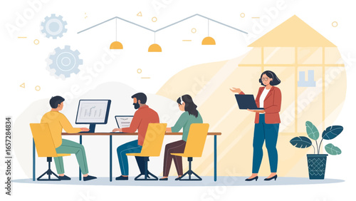 Business professionals collaborating and working on computers in a modern office, representing teamwork, innovation, and productivity.