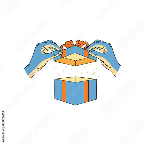 Unveiling a Radiant Present. Vibrant illustration of hands revealing a surprise from an opened package. Bright light glows, symbolizing wonder, joy, and new beginnings.