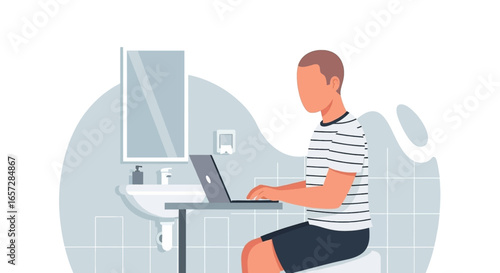 Man working on a laptop in a modern home bathroom, illustrating remote work, flexible hours, and an unconventional workspace setup.