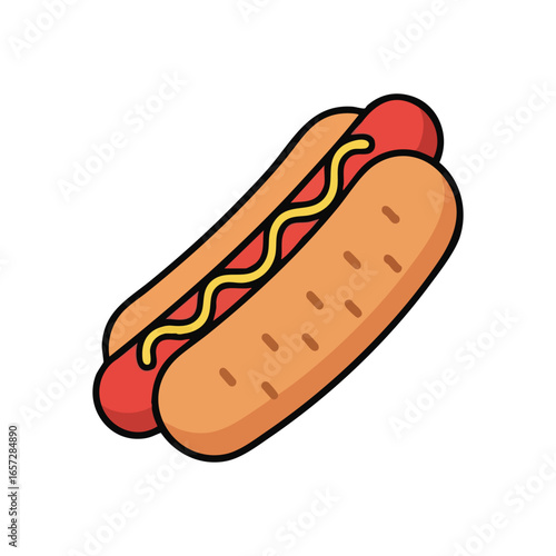 Classic Hot Dog Illustration. An appetizing wiener nestled in a bakery bun, adorned with squiggly yellow sauce. Represents a beloved American comfort meal, ready to enjoy.