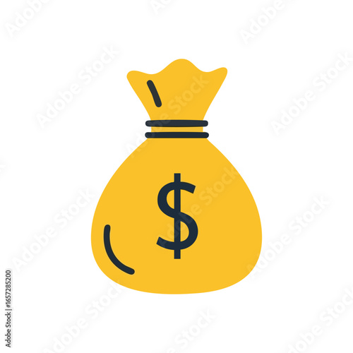 Money Bag Financial Icon. This vibrant yellow pouch represents affluence and economic gain. An excellent emblem for savings, investment, or banking concepts. Signifies profit and security.