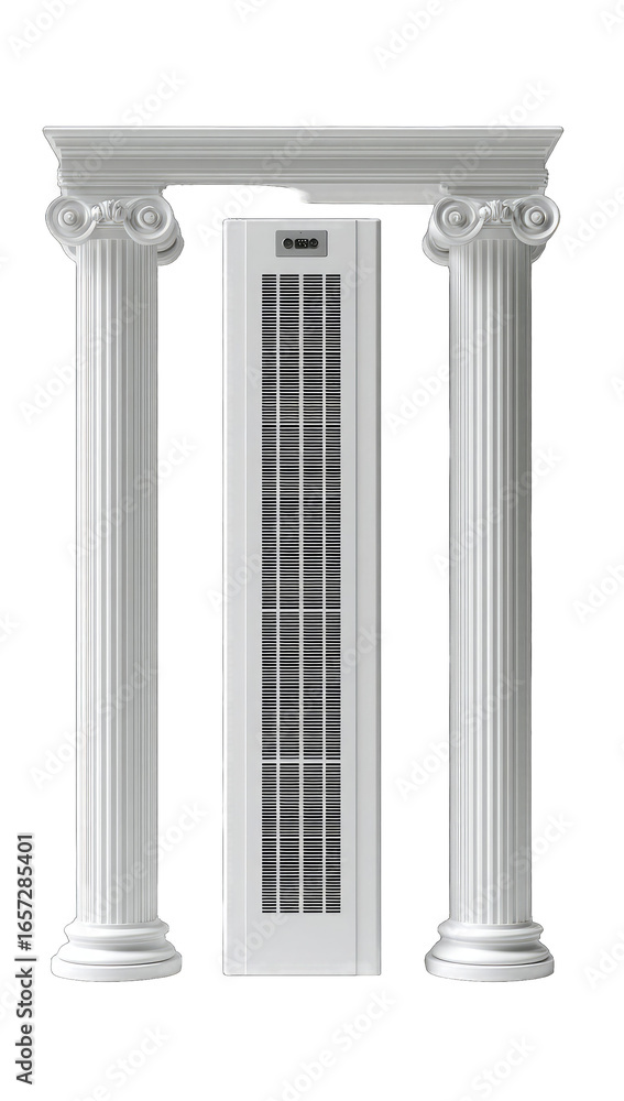 Obraz premium White architectural columns frame a vertical HVAC unit