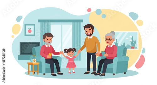 Happy multi-generational family spending time together at home. Grandparents, father, and child share joyful moments, symbolizing love, care, and family bonding.