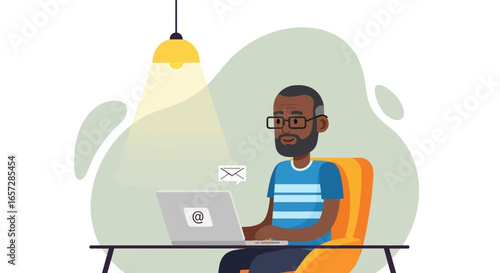 African American man with laptop, engaging in digital communication. Ideal for remote work, online learning, productivity, and modern business.