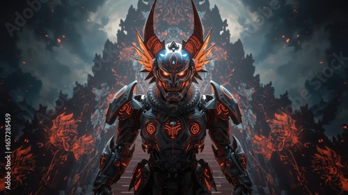 Barong, Balinese mythology, Bali, Indonesia, folklore, legend, guardian, spirit, mythical creature, monster, Rangda, good vs evil, cyberpunk, futuristic, modern, digital, warrior, armor, glowing eyes,