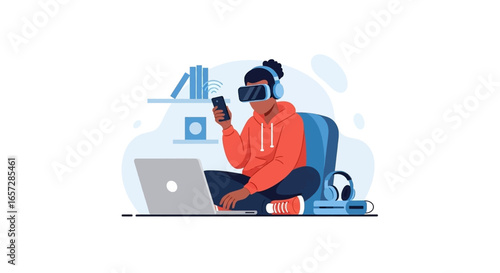 Person exploring virtual reality with VR headset and smartphone, engaging in immersive digital entertainment at home. Modern tech lifestyle.
