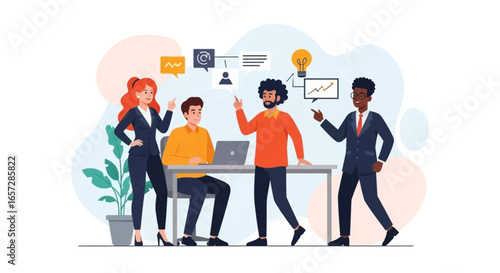 Diverse business team collaborating on new ideas, sharing insights, and developing strategies in a dynamic office meeting. Concepts of growth and innovation.