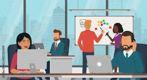 Diverse business team collaborating in a modern office, discussing ideas and working efficiently to achieve shared goals. Ideal for corporate productivity and teamwork concepts.